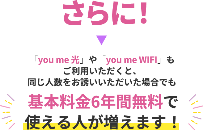 さらに！「you me 光」や「you me WIFI」もご利用いただくと、同じ人数をお誘いいただいた場合でも基本料金6年間無料で使える人が増えます！